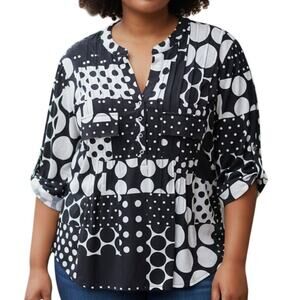 Cocomo Woman Mixed Polka Dot Top Womens Size 1X Navy & White Classic Pintucked